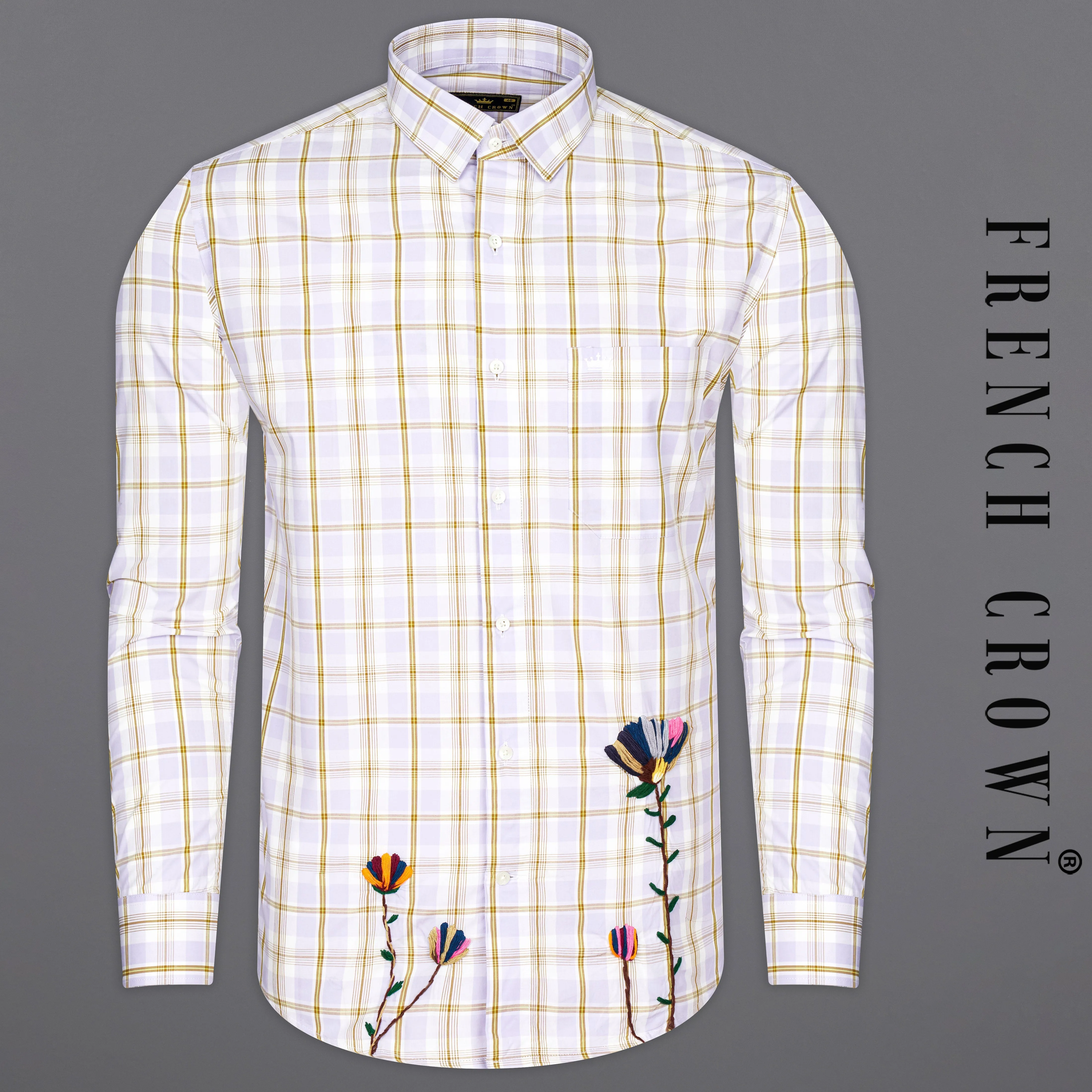 Amour Lavender with Leather Brown Checkered Floral Embroidered Premium Cotton Designer Shirt