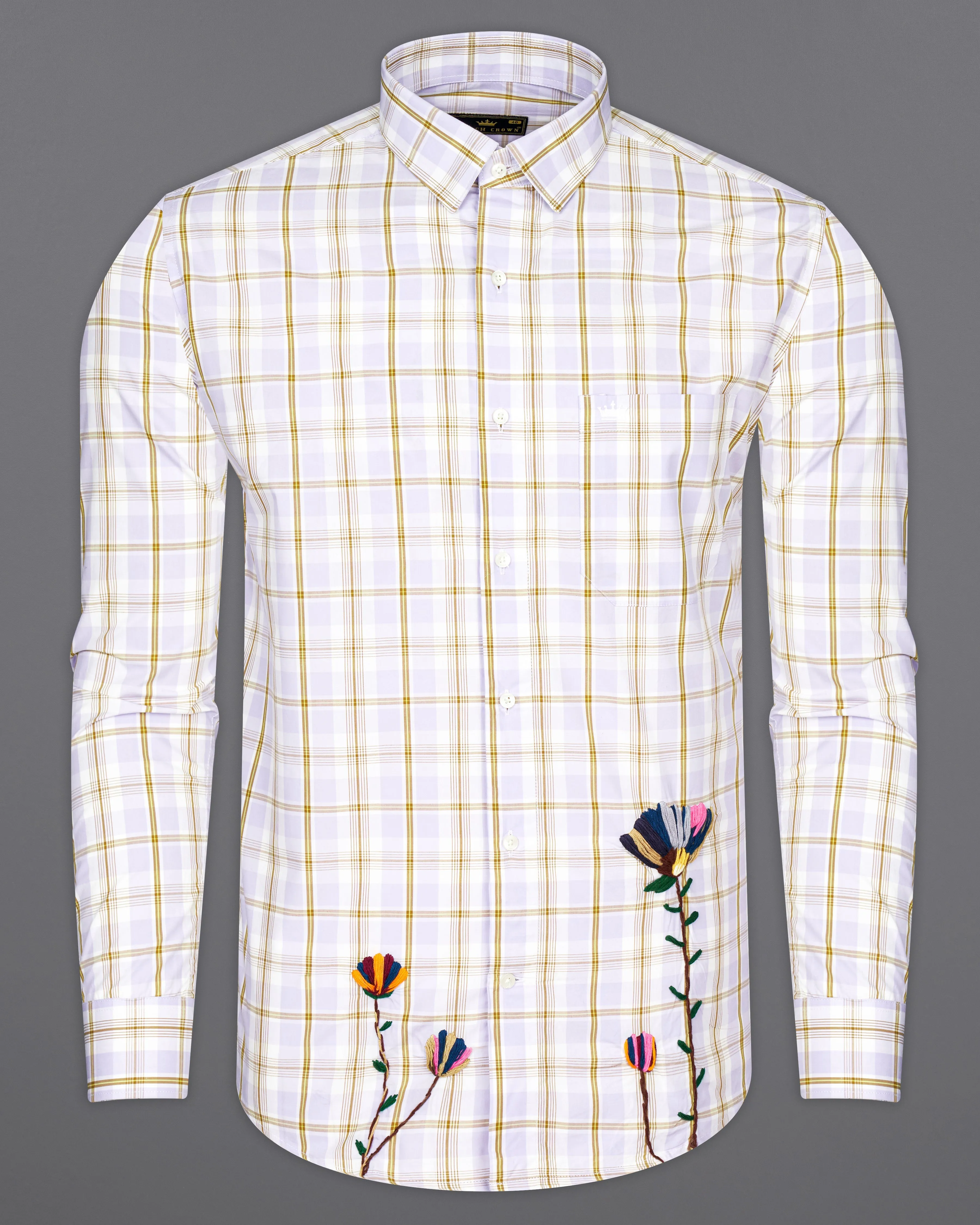 Amour Lavender with Leather Brown Checkered Floral Embroidered Premium Cotton Designer Shirt