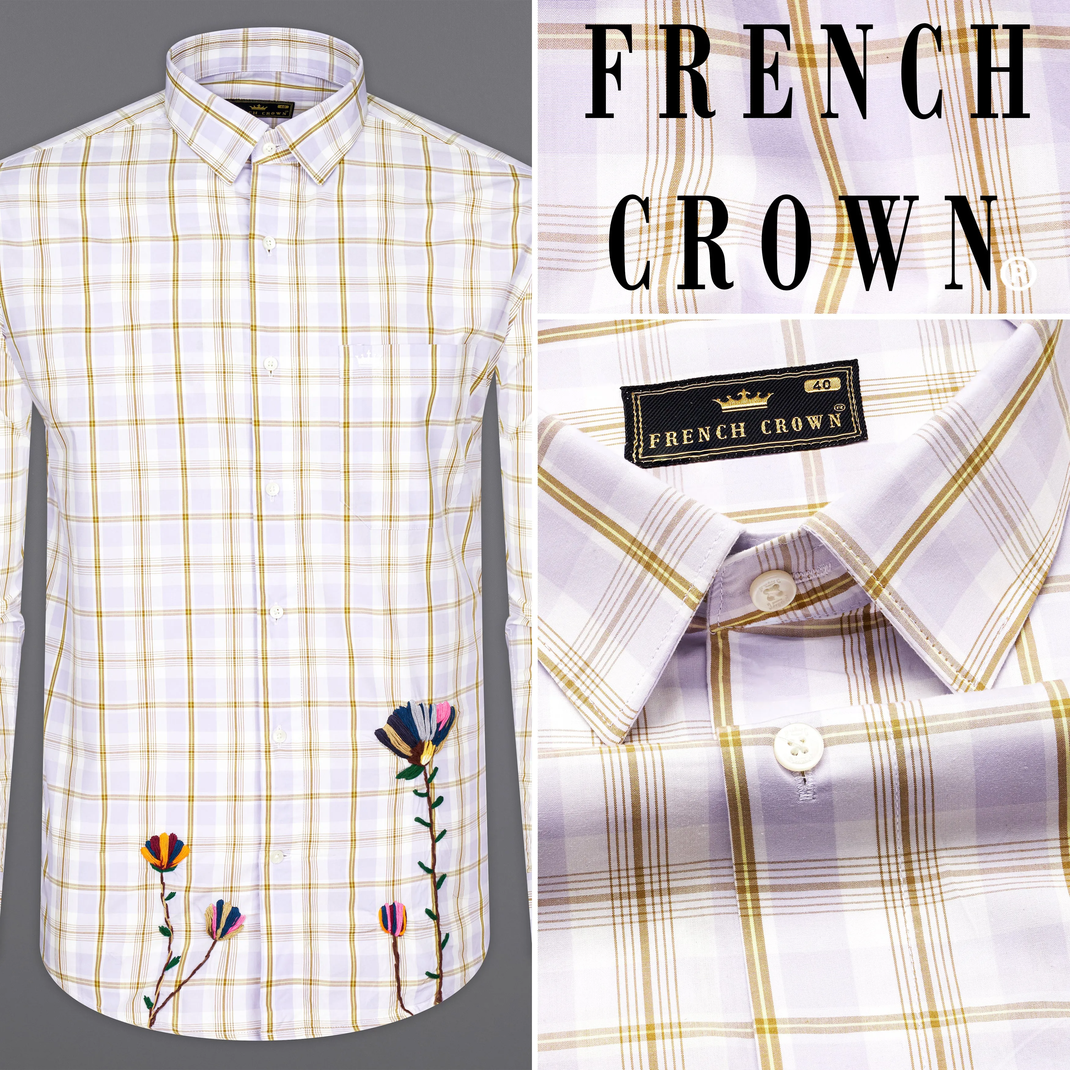 Amour Lavender with Leather Brown Checkered Floral Embroidered Premium Cotton Designer Shirt