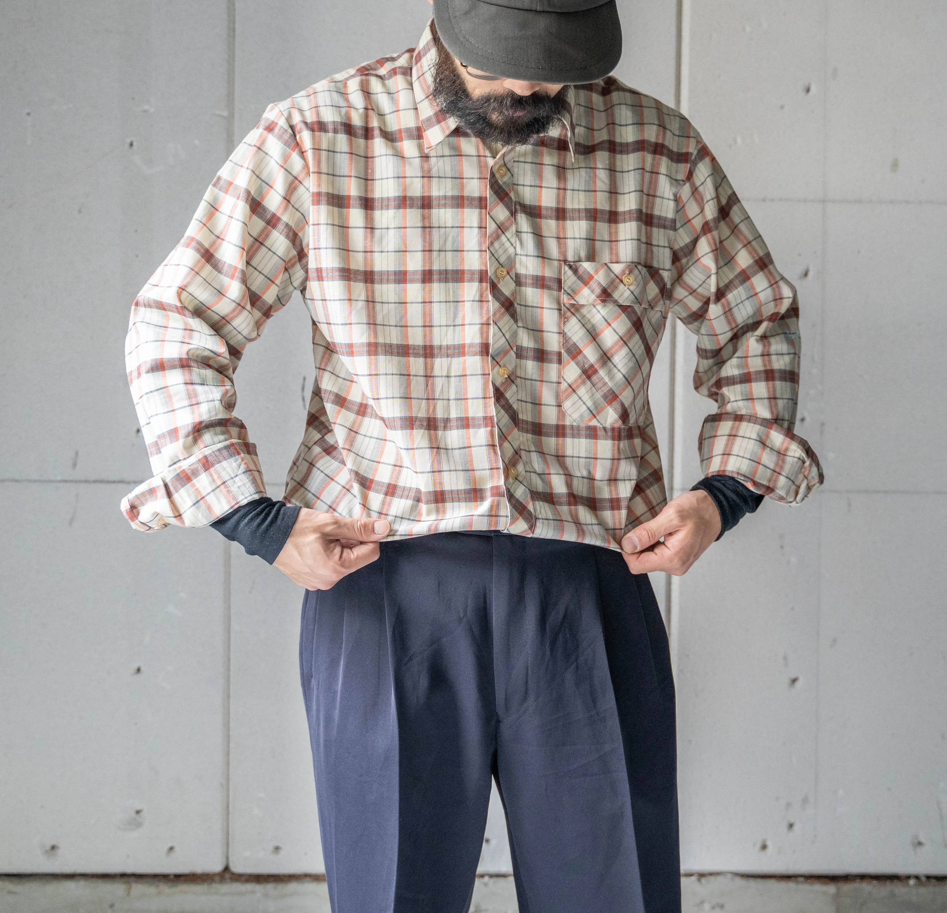 around 1980s Germany brown × orange check shirt "dead stock"