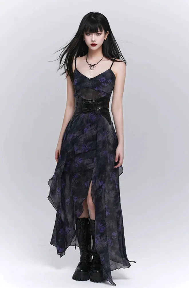 Asymmetric Hem Floral Sheer Overlay Dress