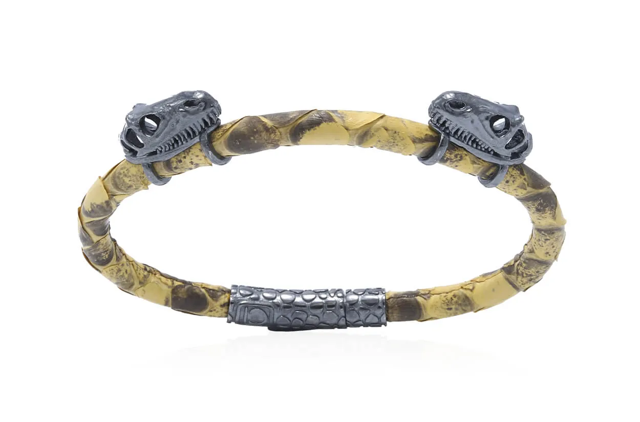 Bracelet LivingSkull Men Python Leather & Two Silver T-Rex Skulls