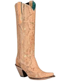 Corral Women's 15" Nude Honey Full Python Tall Top Snip Toe Western Boot