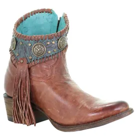 Corral Women's 7" Cognac Turquoise Concho Fringe Round Toe Ankle Boot