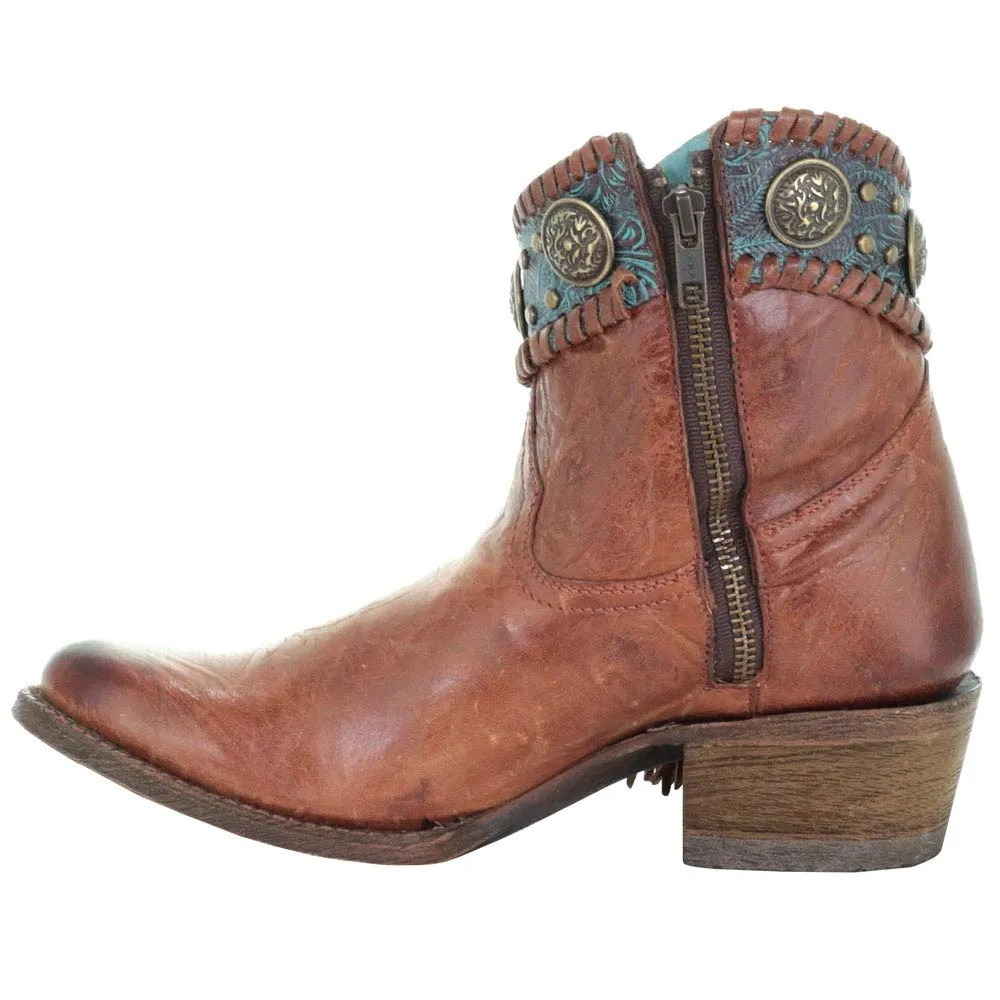 Corral Women's 7" Cognac Turquoise Concho Fringe Round Toe Ankle Boot