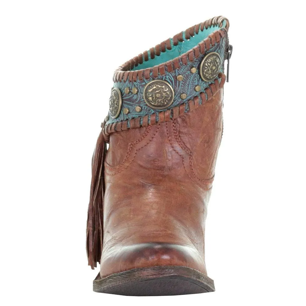 Corral Women's 7" Cognac Turquoise Concho Fringe Round Toe Ankle Boot
