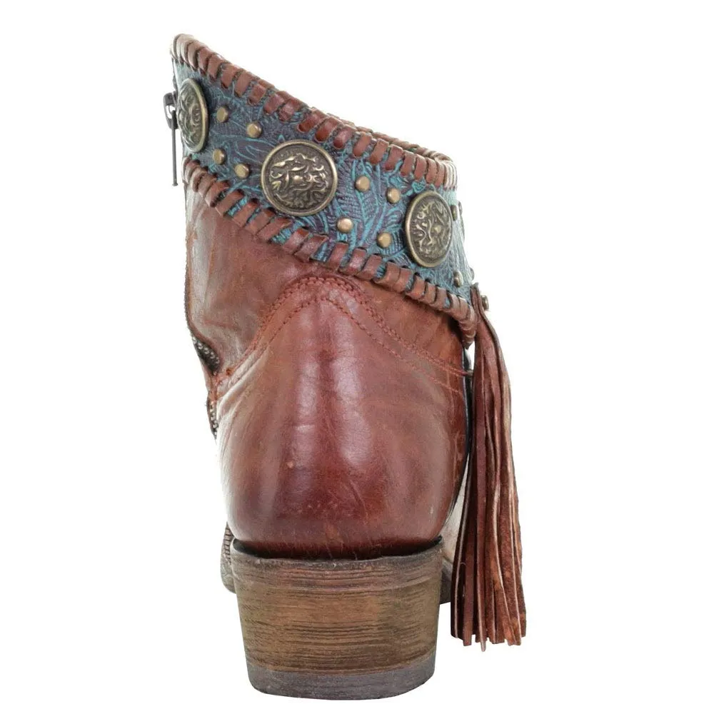 Corral Women's 7" Cognac Turquoise Concho Fringe Round Toe Ankle Boot