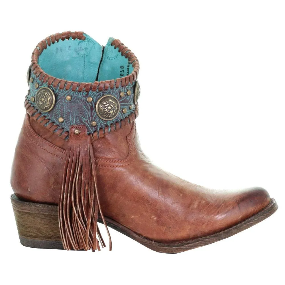 Corral Women's 7" Cognac Turquoise Concho Fringe Round Toe Ankle Boot