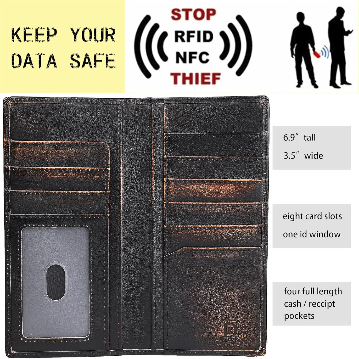 DK86 Skull Long Wallet For Men Full Grain Leather with Hand Burnished Rfid Blocking Rodeo Wallet Bifold Wallet Skull Wallet C