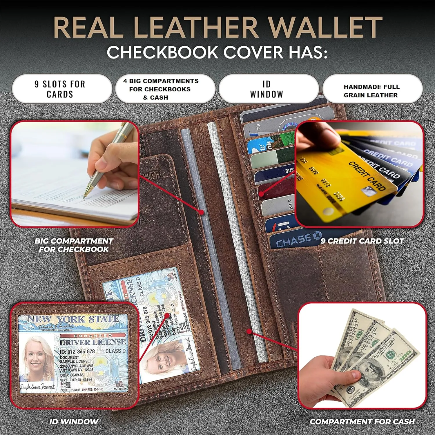 F&L CLASSIC Men's RFID Vintage Look Genuine Leather Long Bifold Wallet Checkbook Wallets,buffalo vintage leather