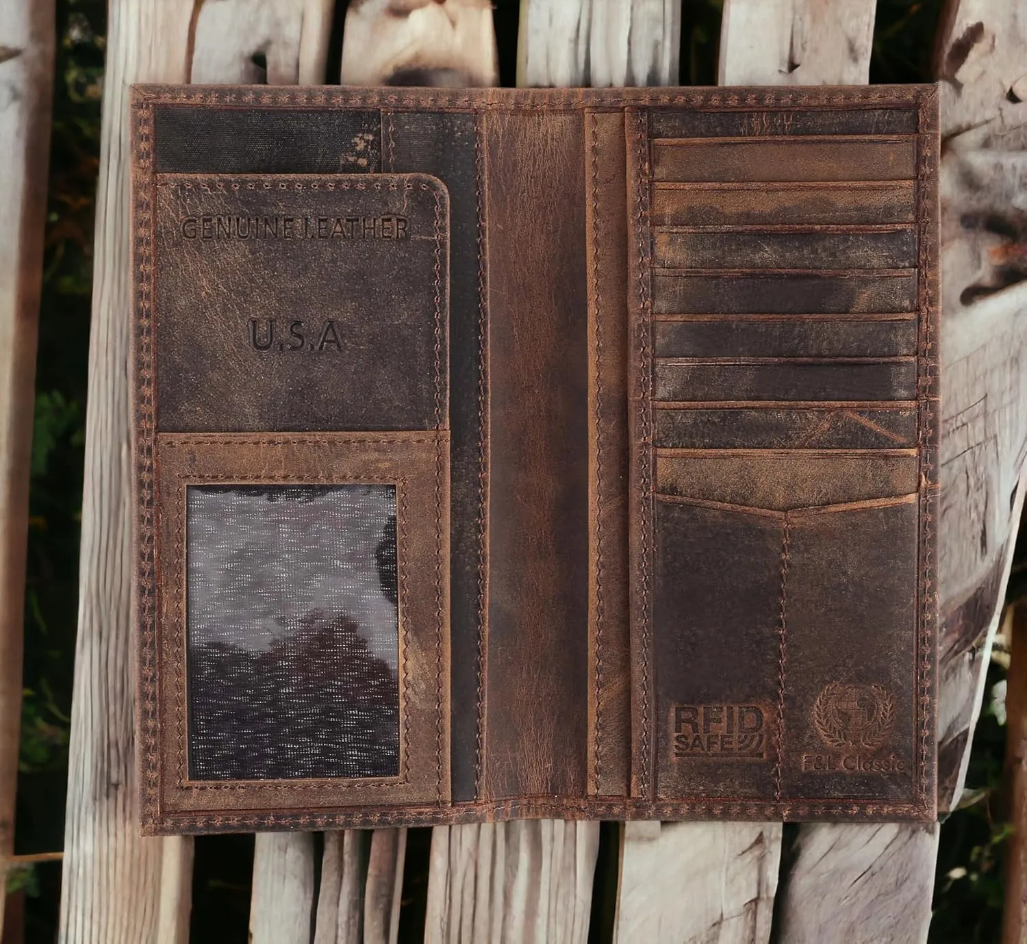 F&L CLASSIC Men's RFID Vintage Look Genuine Leather Long Bifold Wallet Checkbook Wallets,buffalo vintage leather