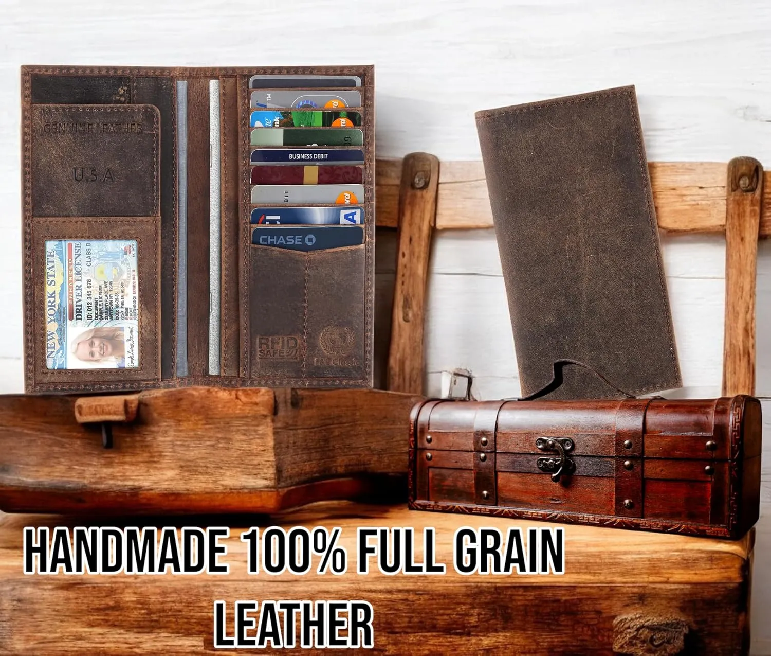 F&L CLASSIC Men's RFID Vintage Look Genuine Leather Long Bifold Wallet Checkbook Wallets,buffalo vintage leather