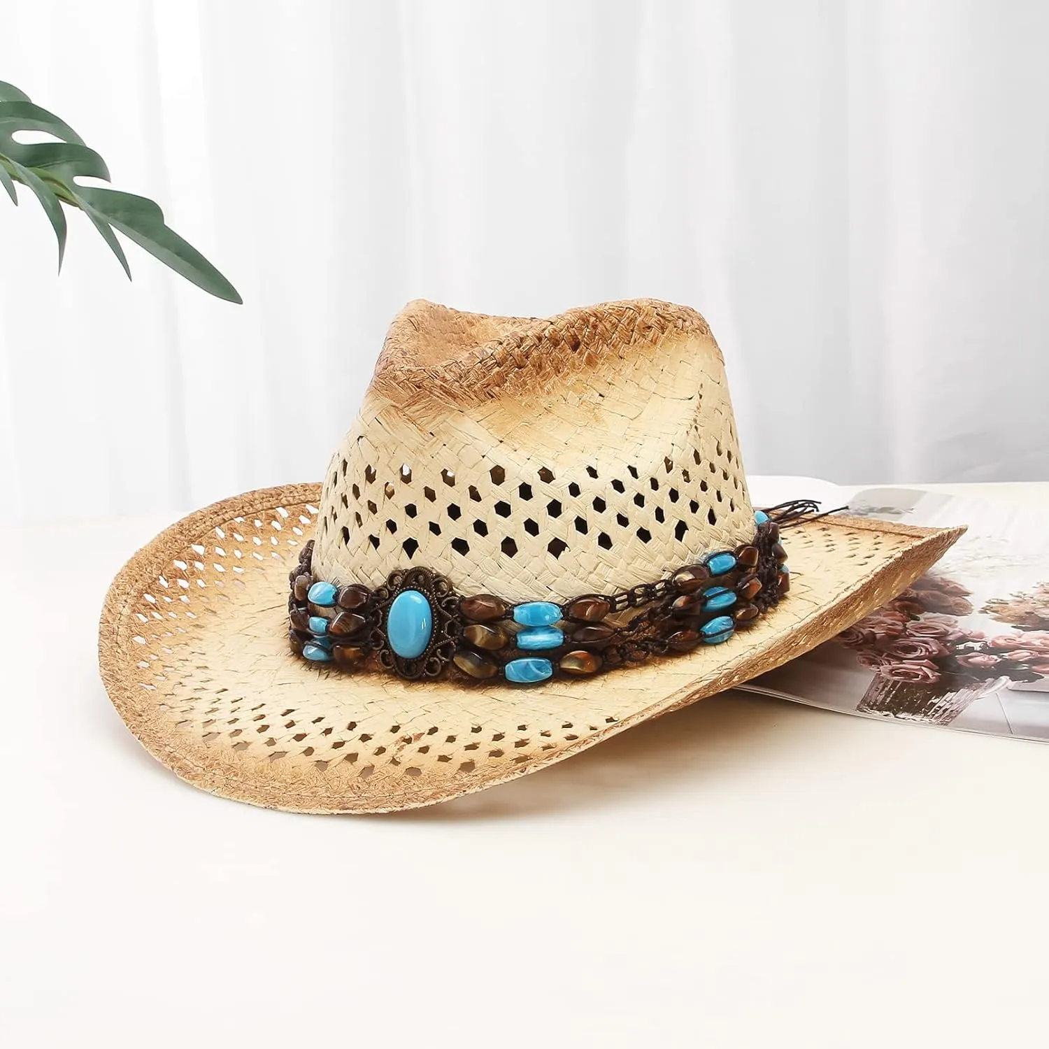 GEMVIE Men & Women's Summer Cowboy Cowgirl Straw Hat Hollow Out Style Roll Up Brim Cowboy Sun Hat
