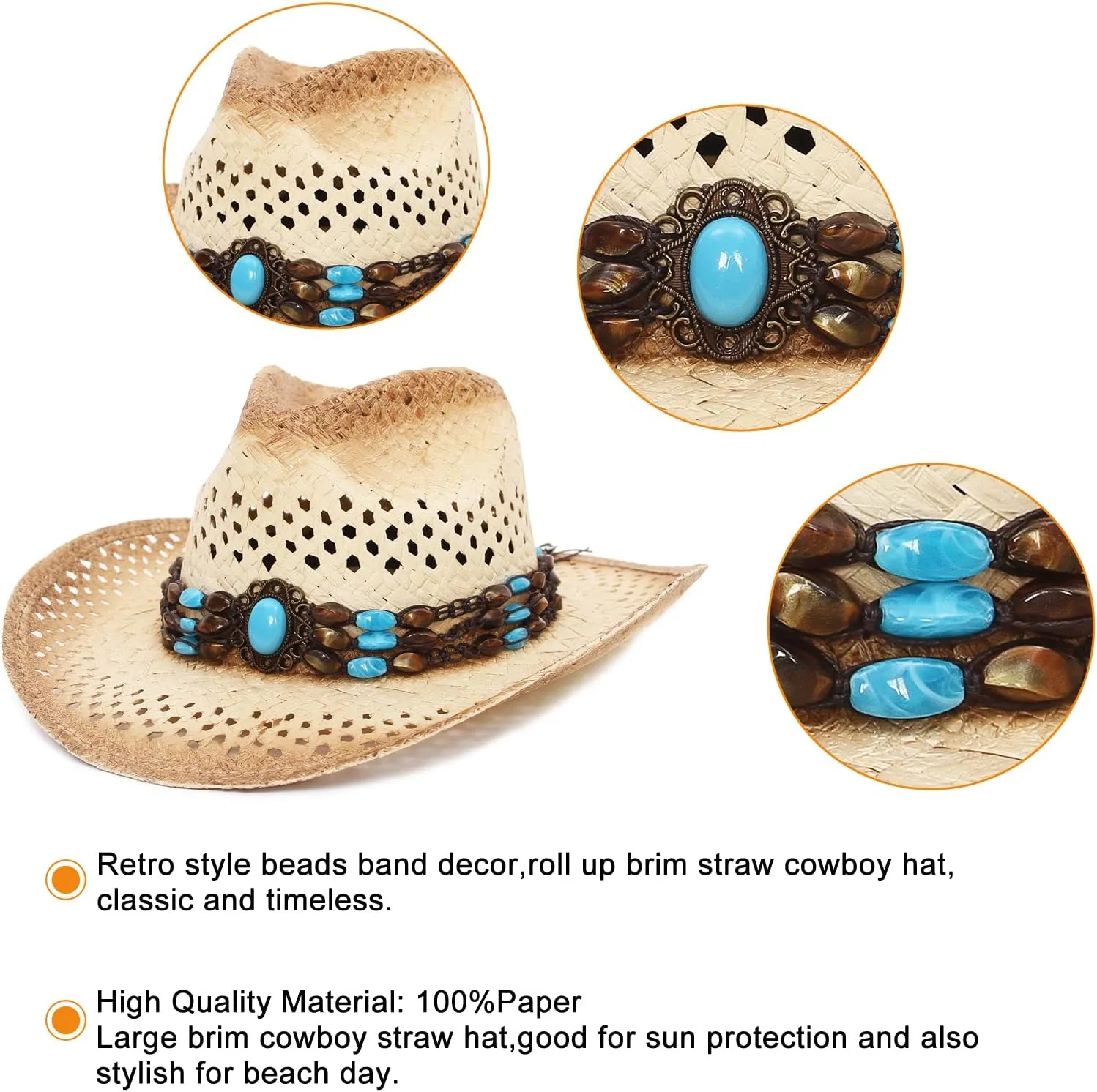 GEMVIE Men & Women's Summer Cowboy Cowgirl Straw Hat Hollow Out Style Roll Up Brim Cowboy Sun Hat