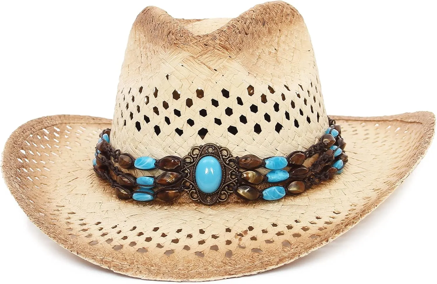 GEMVIE Men & Women's Summer Cowboy Cowgirl Straw Hat Hollow Out Style Roll Up Brim Cowboy Sun Hat