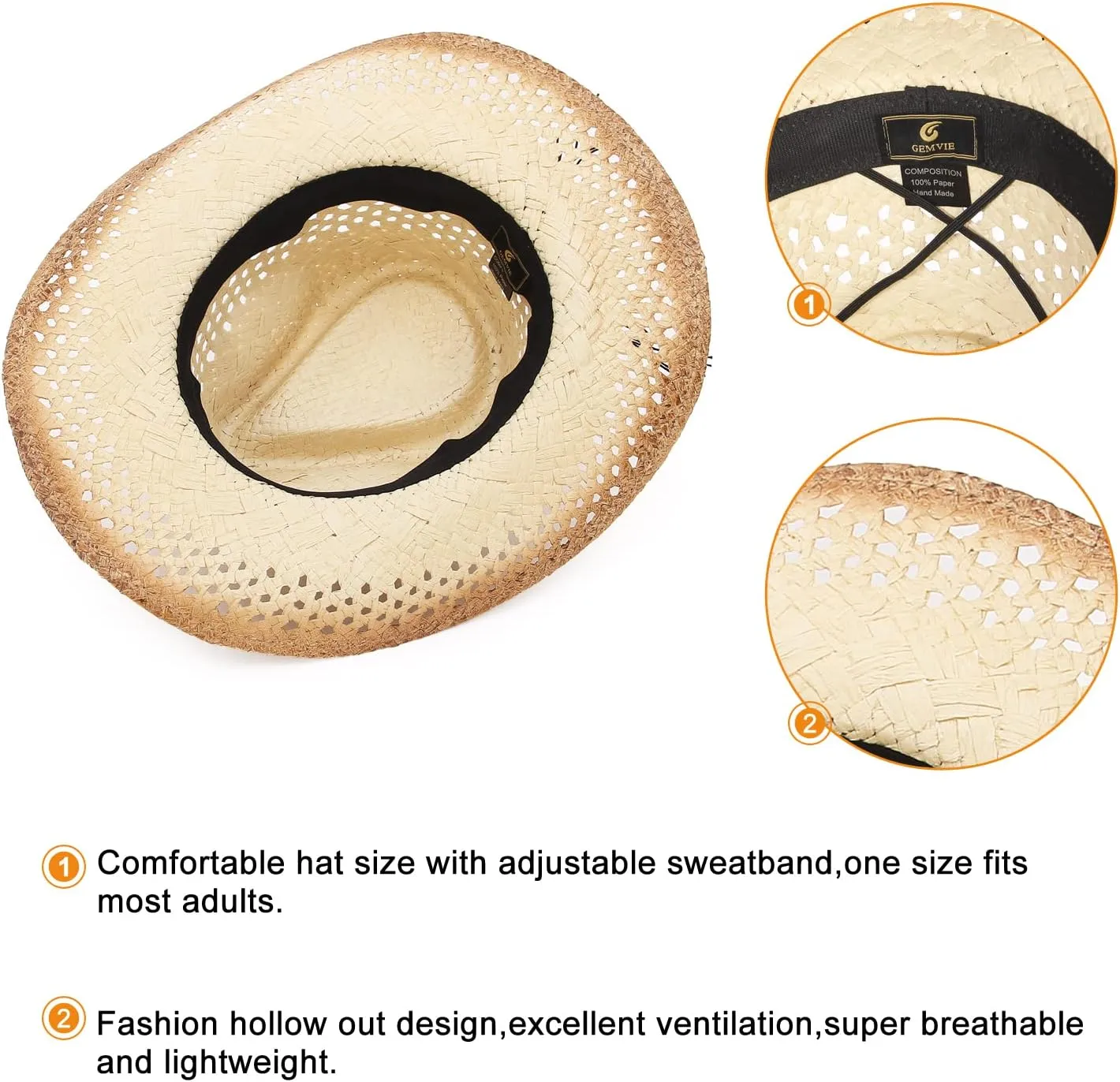 GEMVIE Men & Women's Summer Cowboy Cowgirl Straw Hat Hollow Out Style Roll Up Brim Cowboy Sun Hat