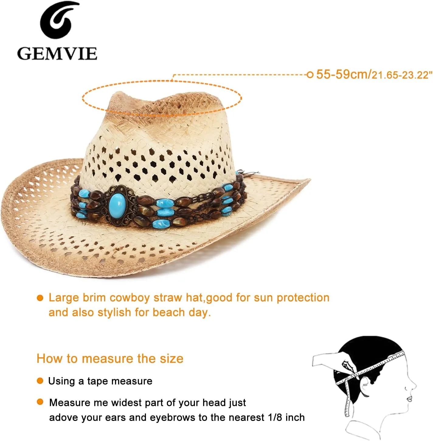 GEMVIE Men & Women's Summer Cowboy Cowgirl Straw Hat Hollow Out Style Roll Up Brim Cowboy Sun Hat
