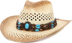 GEMVIE Men & Women's Summer Cowboy Cowgirl Straw Hat Hollow Out Style Roll Up Brim Cowboy Sun Hat