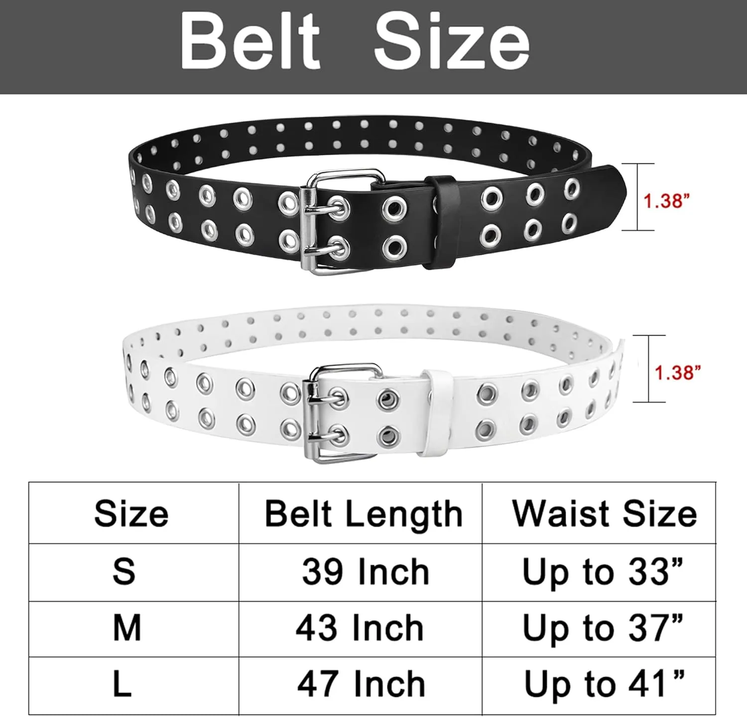 Grommet Leather Belts for Women, Black Belt Women Men with Double Holes