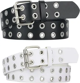 Grommet Leather Belts for Women, Black Belt Women Men with Double Holes