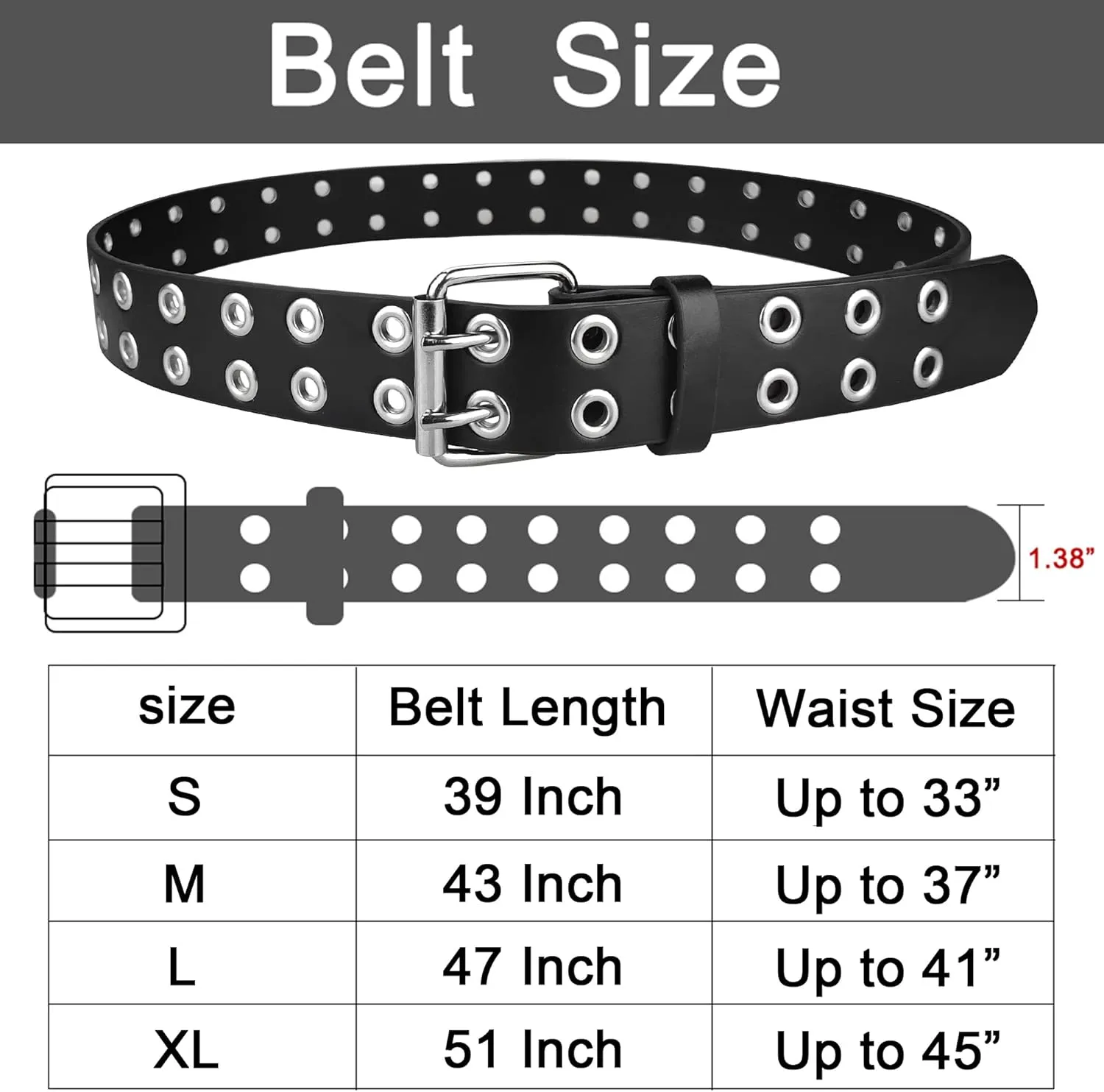 Grommet Leather Belts for Women, Black Belt Women Men with Double Holes