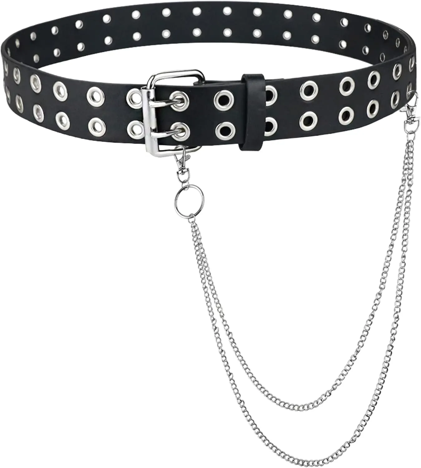 Grommet Leather Belts for Women, Black Belt Women Men with Double Holes