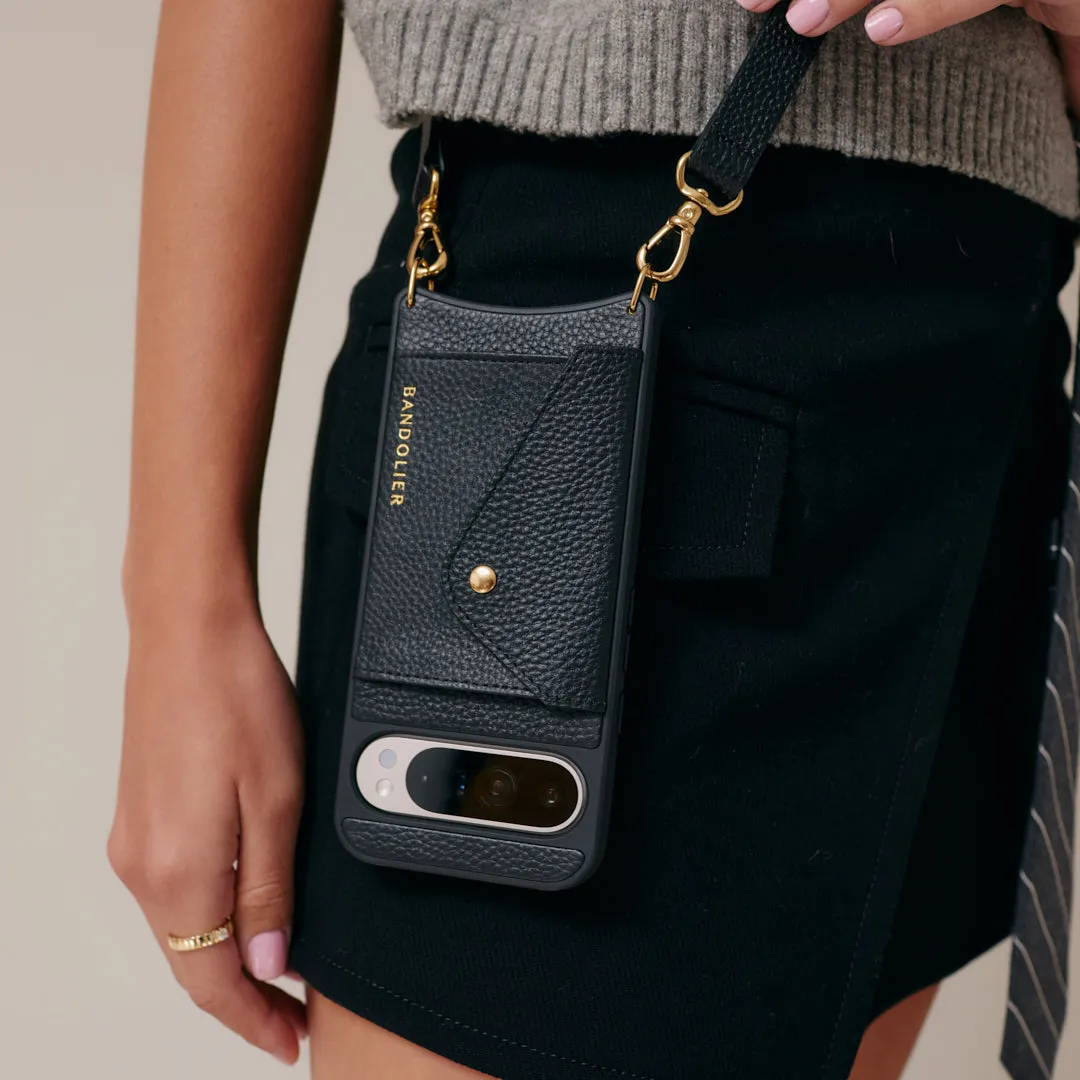 Hailey Google Pixel Side Slot Leather Crossbody Bandolier - Black/Gold