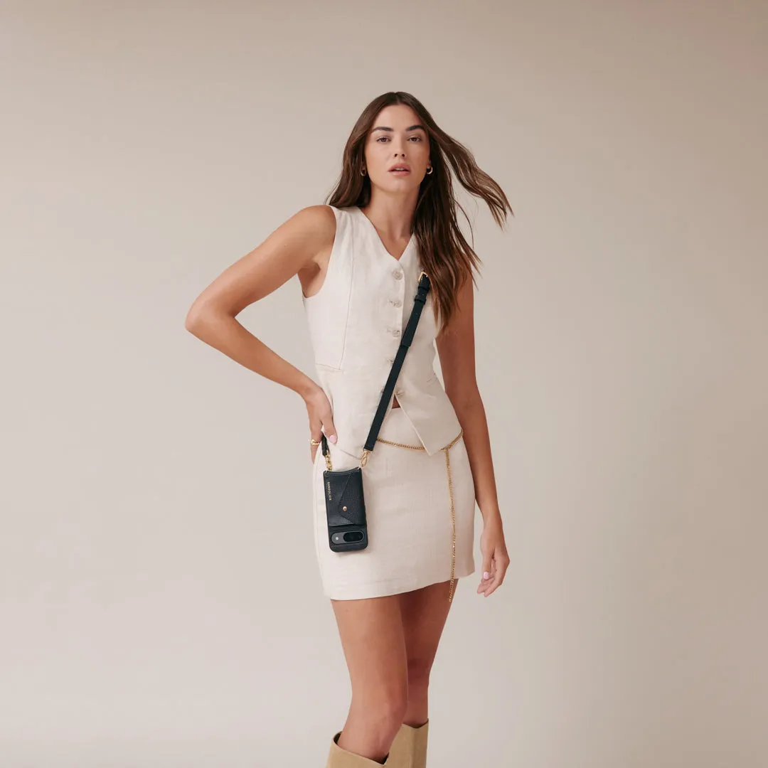 Hailey Google Pixel Side Slot Leather Crossbody Bandolier - Black/Gold