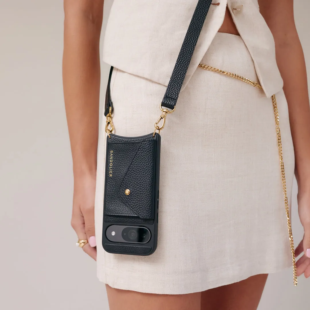 Hailey Google Pixel Side Slot Leather Crossbody Bandolier - Black/Gold