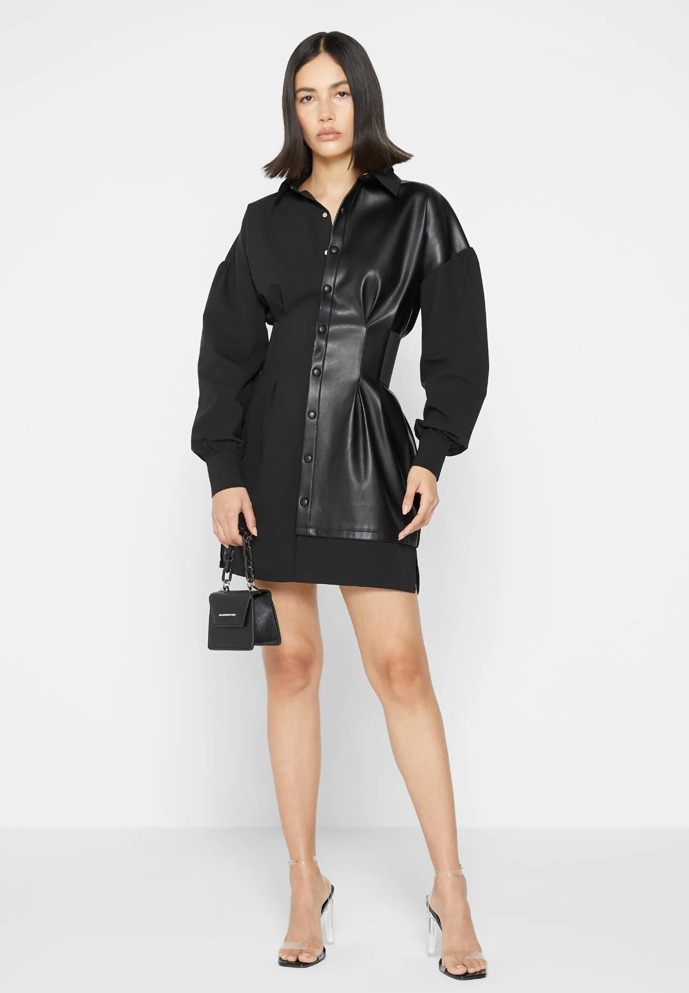 Half Leather Shirt Dress - Black