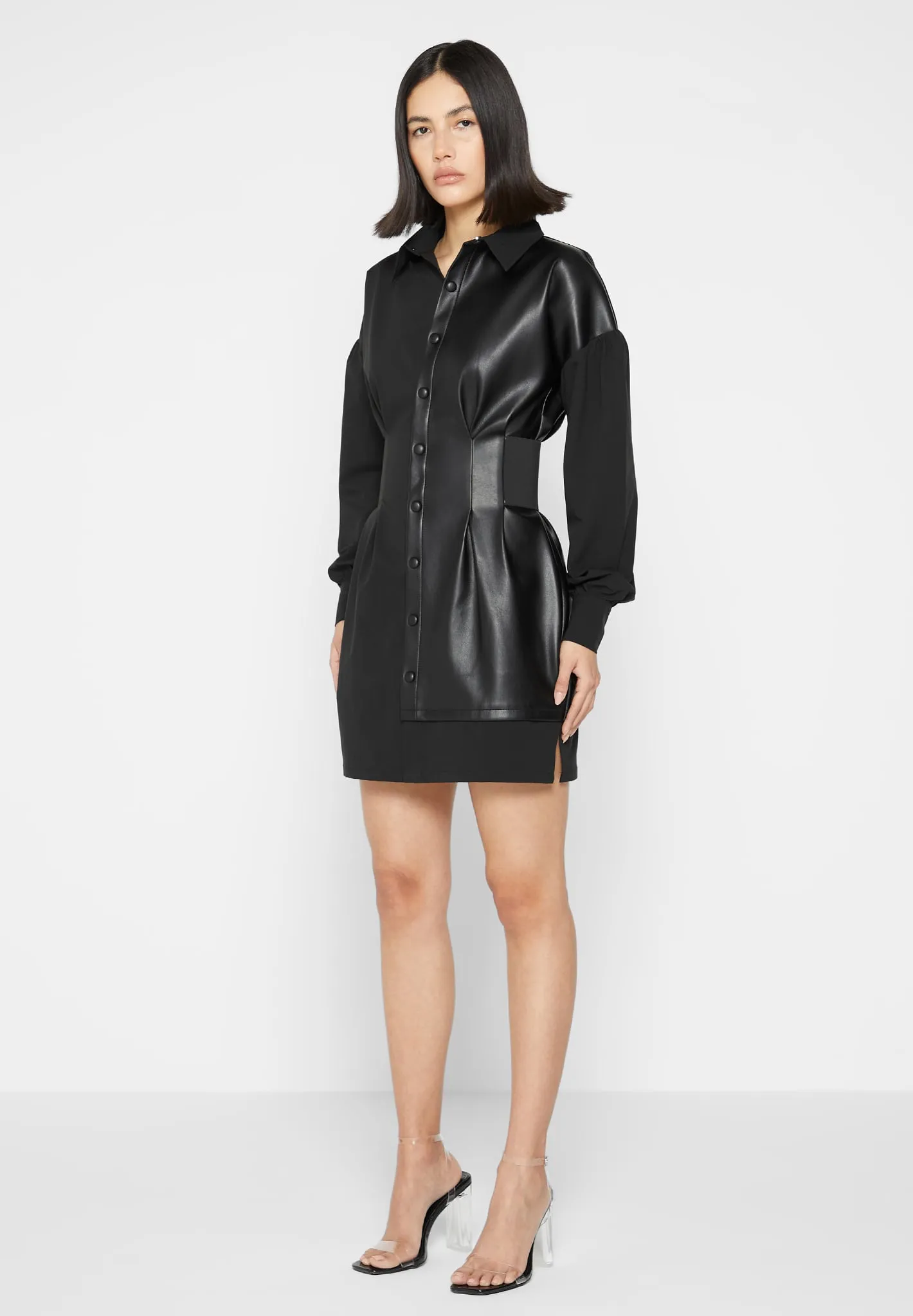 Half Leather Shirt Dress - Black