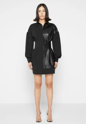 Half Leather Shirt Dress - Black