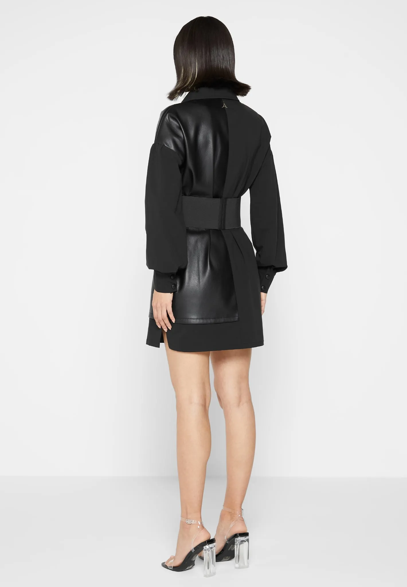 Half Leather Shirt Dress - Black