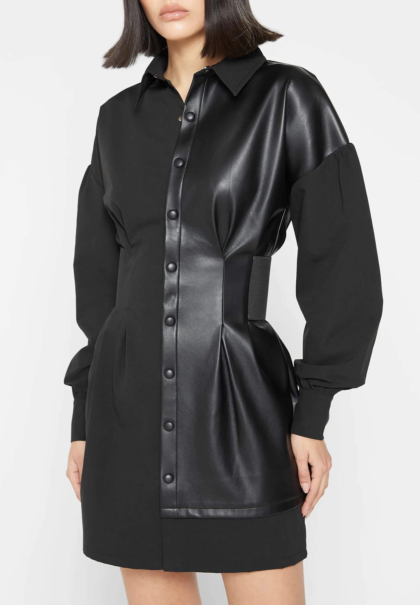 Half Leather Shirt Dress - Black