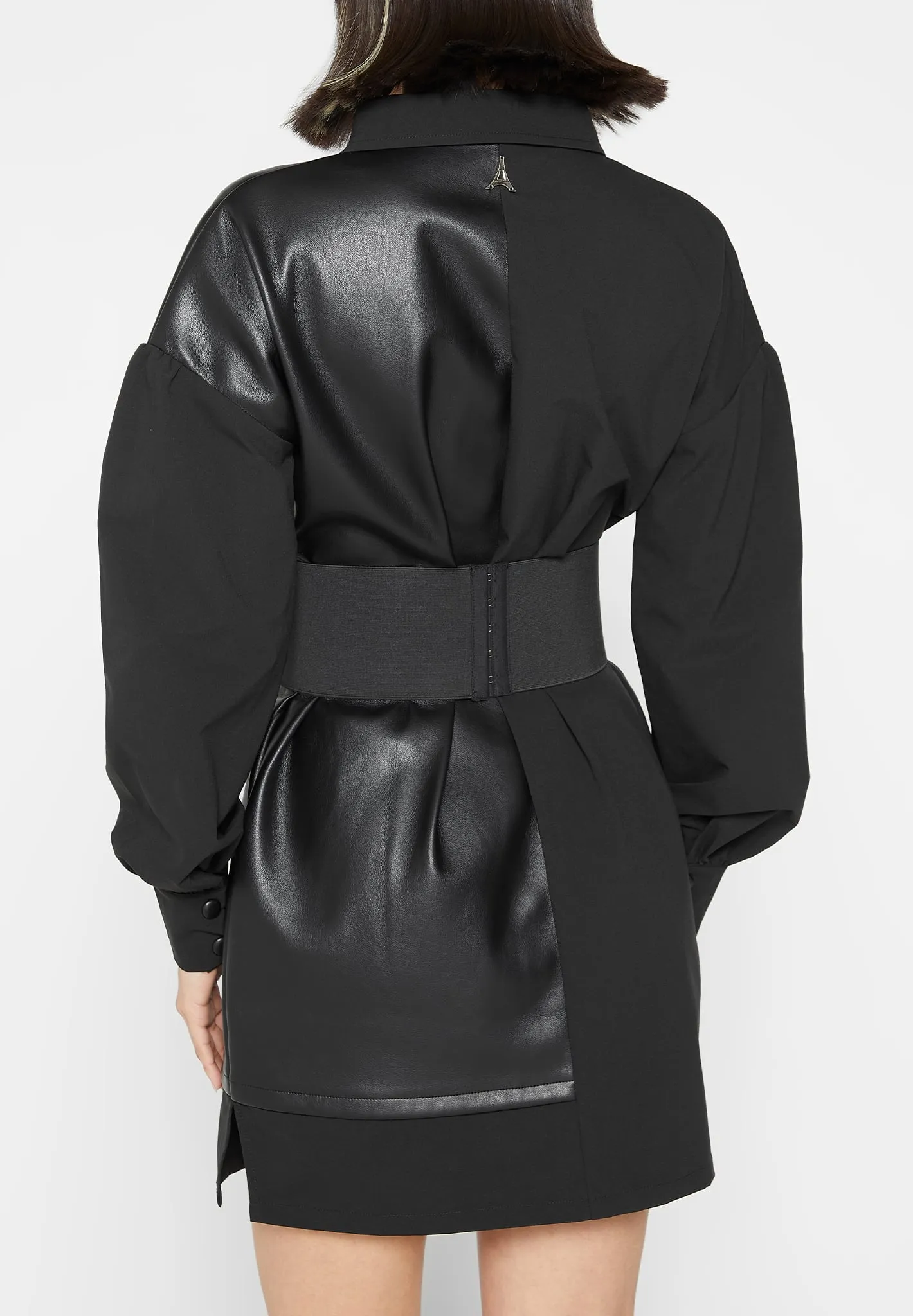 Half Leather Shirt Dress - Black