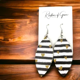 Heart Drop Earrings - Black and White, Striped Earrings, Dangle Earrings, Boho Chic, Bohemian Earrings, Gold Dangle