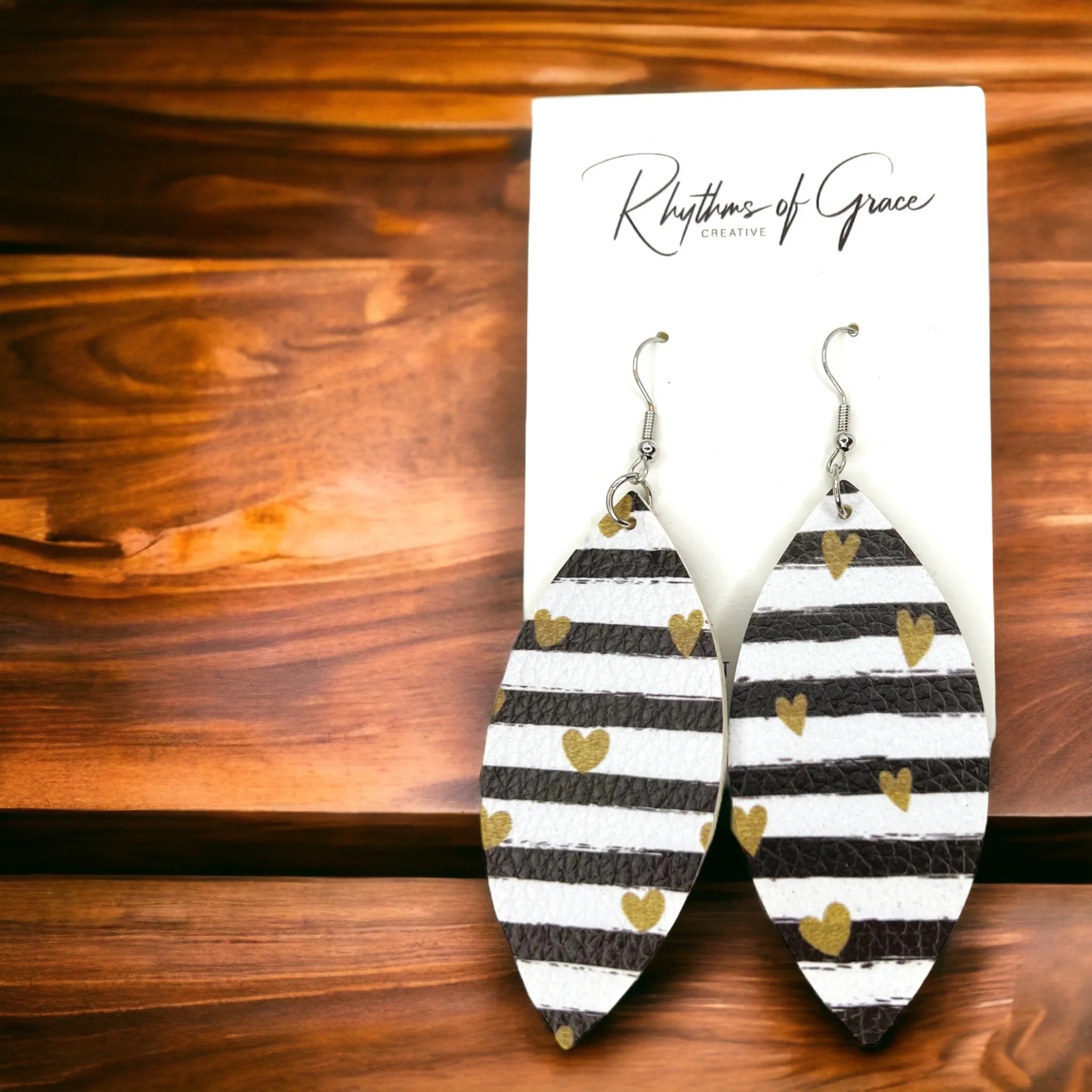 Heart Drop Earrings - Black and White, Striped Earrings, Dangle Earrings, Boho Chic, Bohemian Earrings, Gold Dangle