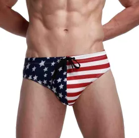 Linemoon Mens American Flag Swim Briefs Fashion Low Rise Beach Swimsuits with Drawstring
