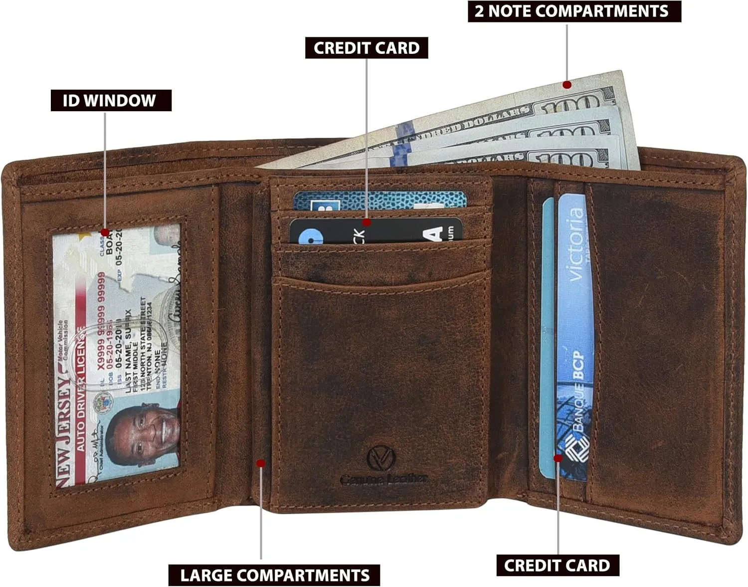 RFID Leather Trifold Wallet with 9 card slots,2 Note pocket coin pocket & ID window