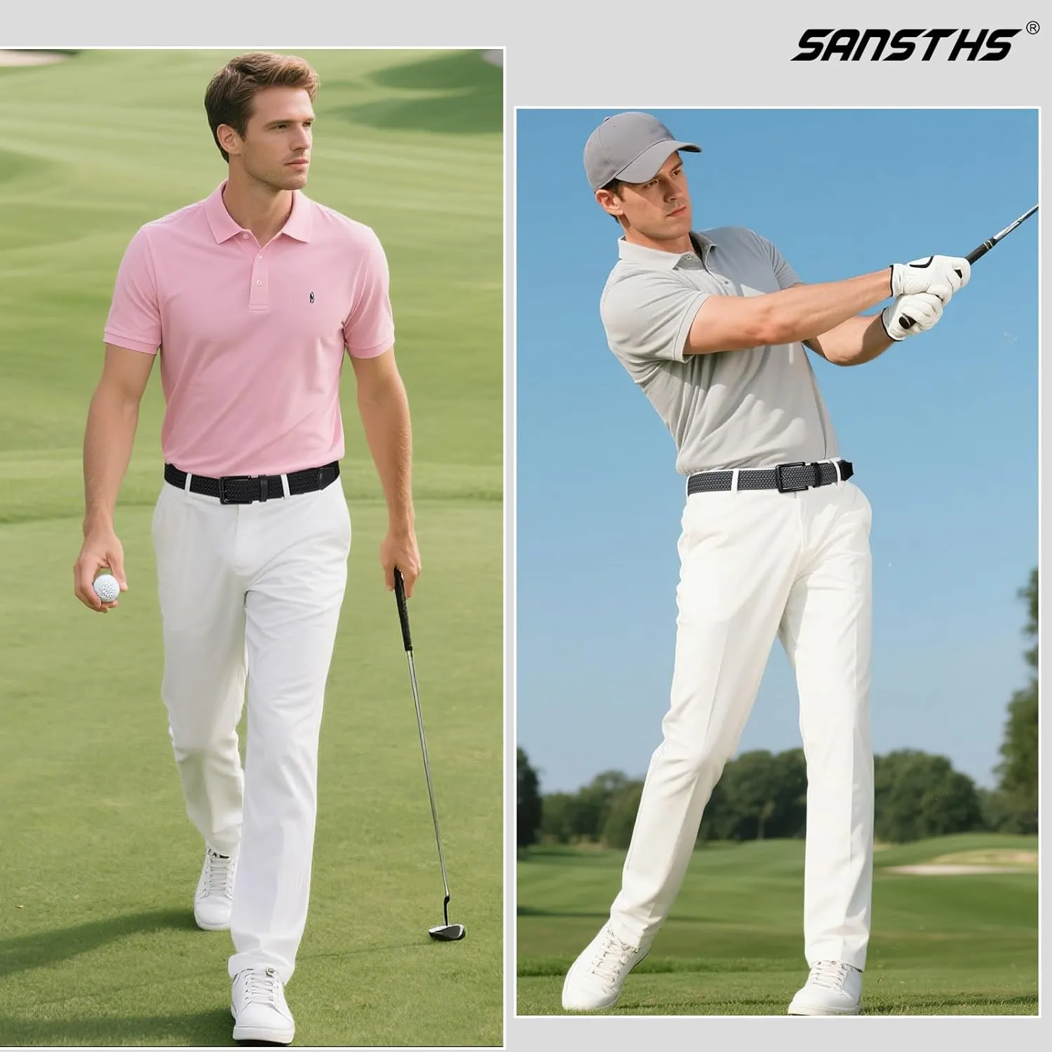 SANSTHS 2Pack Elastic Belt for Men, Mens Belts Casual for Jeans Pants, Woven Braided Web Belt for Golf, 1.3 inches Width