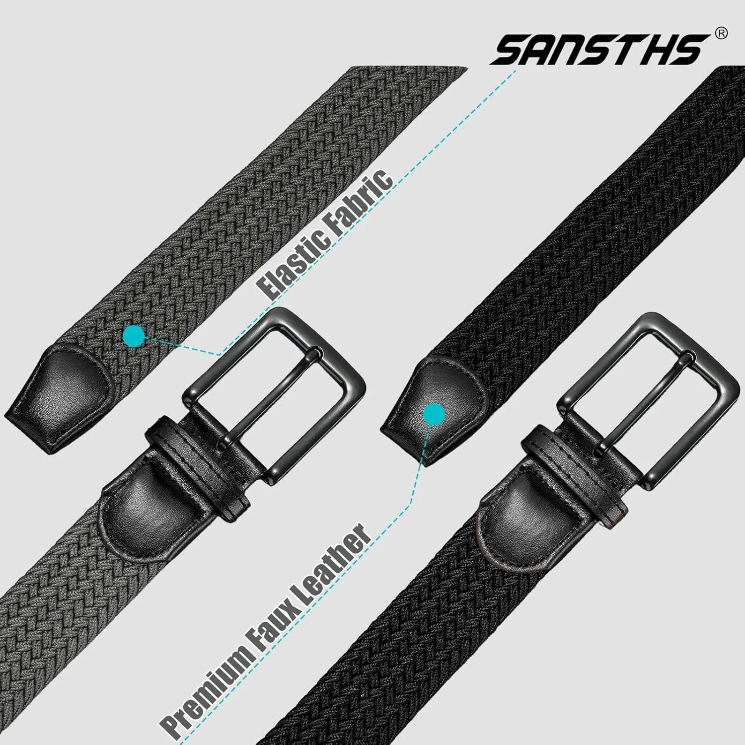 SANSTHS 2Pack Elastic Belt for Men, Mens Belts Casual for Jeans Pants, Woven Braided Web Belt for Golf, 1.3 inches Width