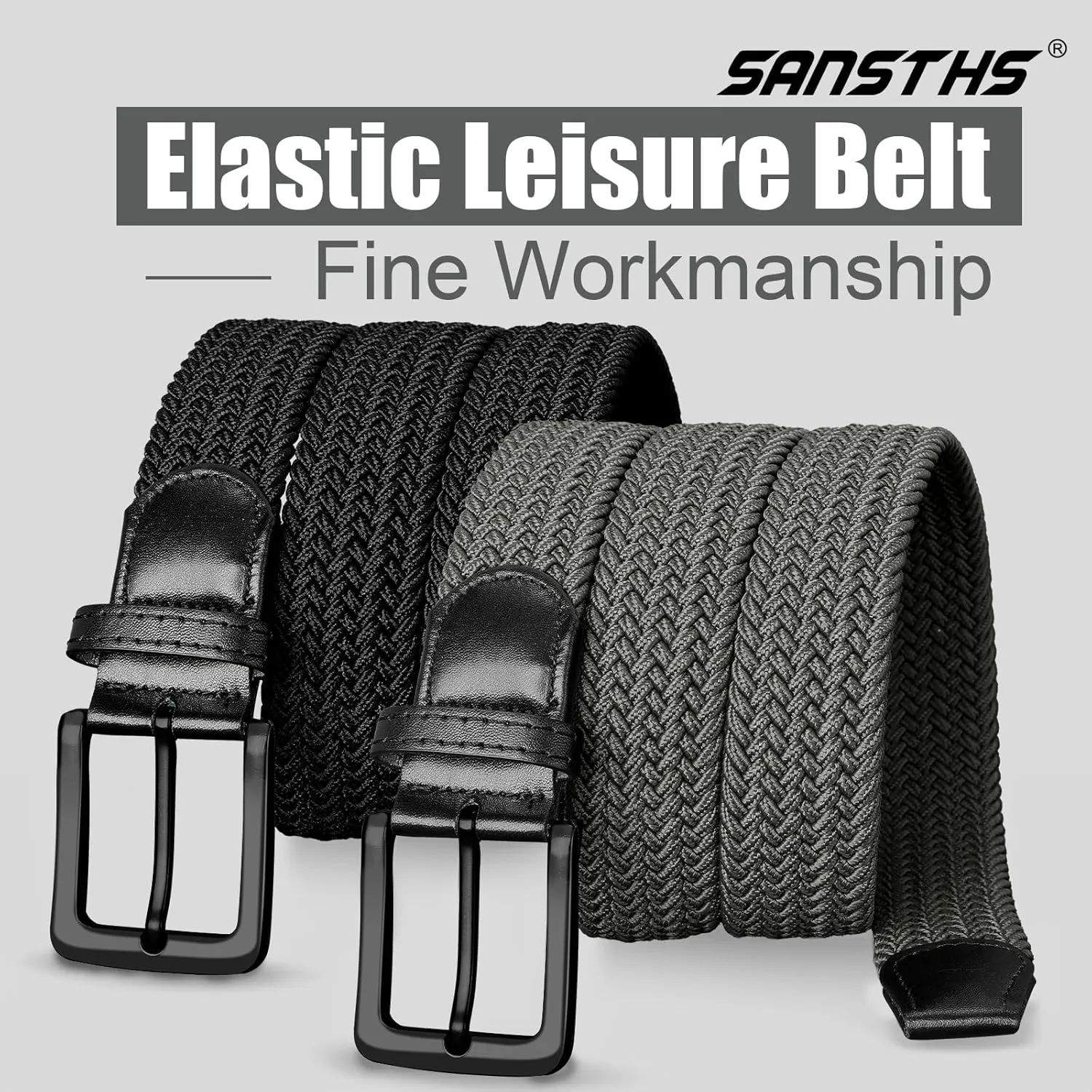SANSTHS 2Pack Elastic Belt for Men, Mens Belts Casual for Jeans Pants, Woven Braided Web Belt for Golf, 1.3 inches Width