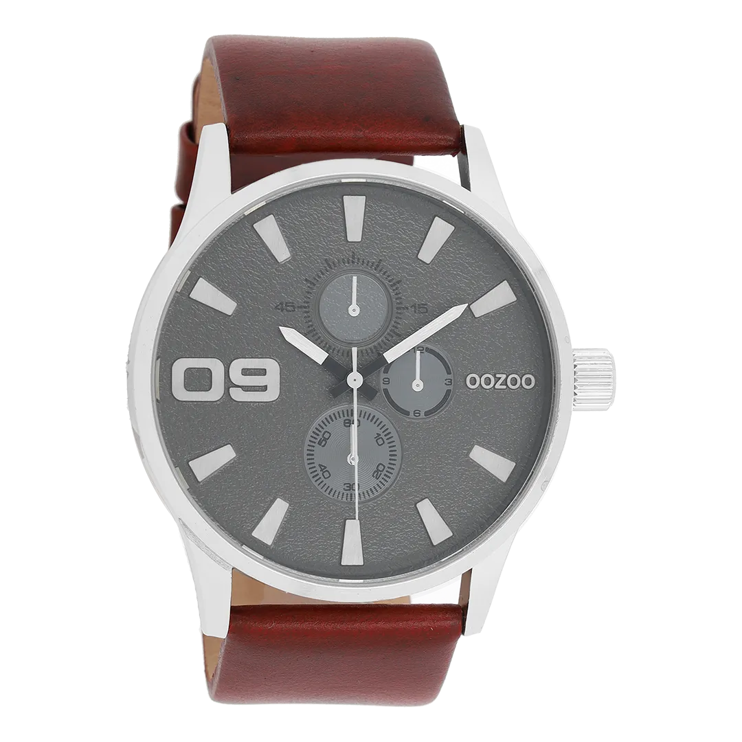 Silver coloured OOZOO watch with dark brown leather strap - C10348