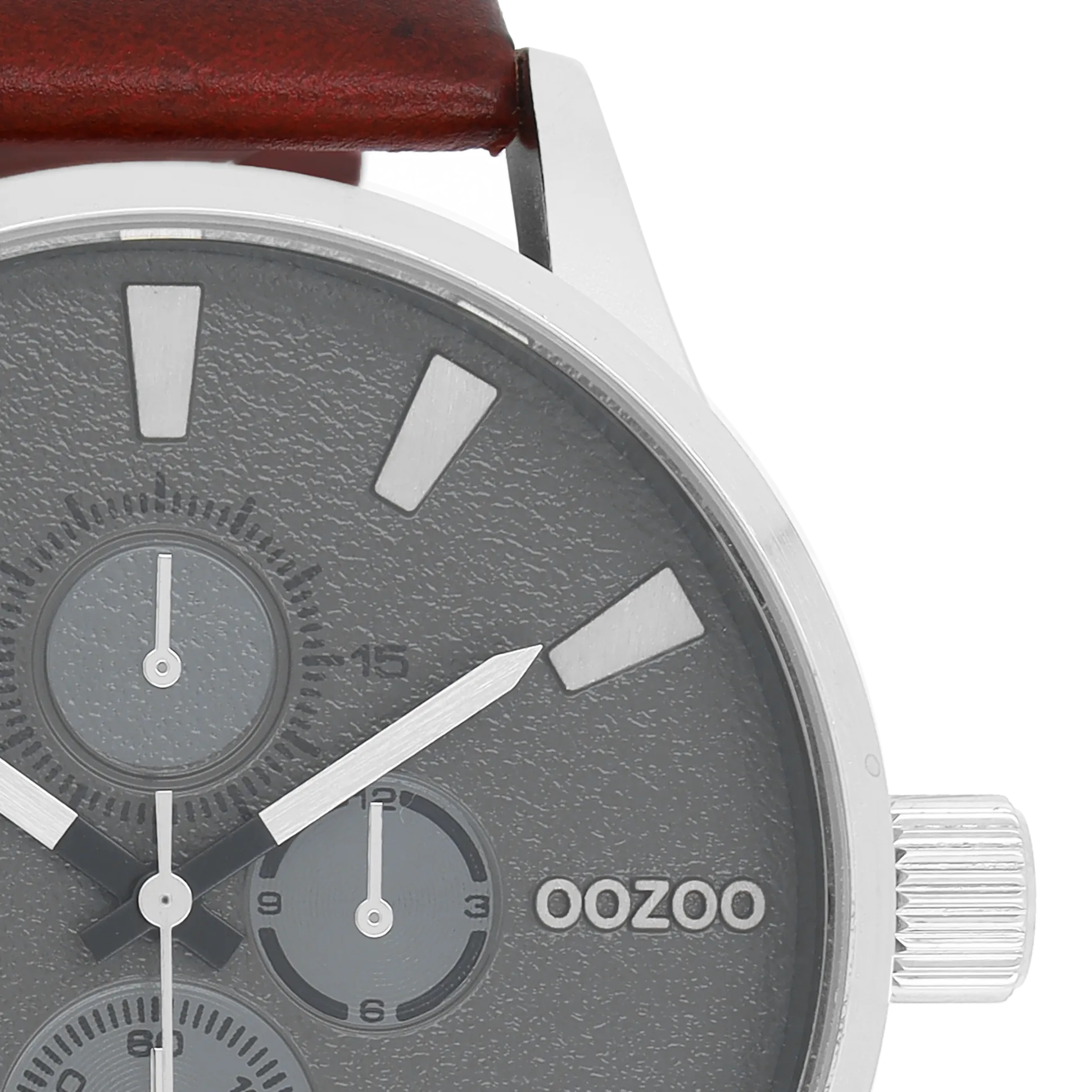 Silver coloured OOZOO watch with dark brown leather strap - C10348