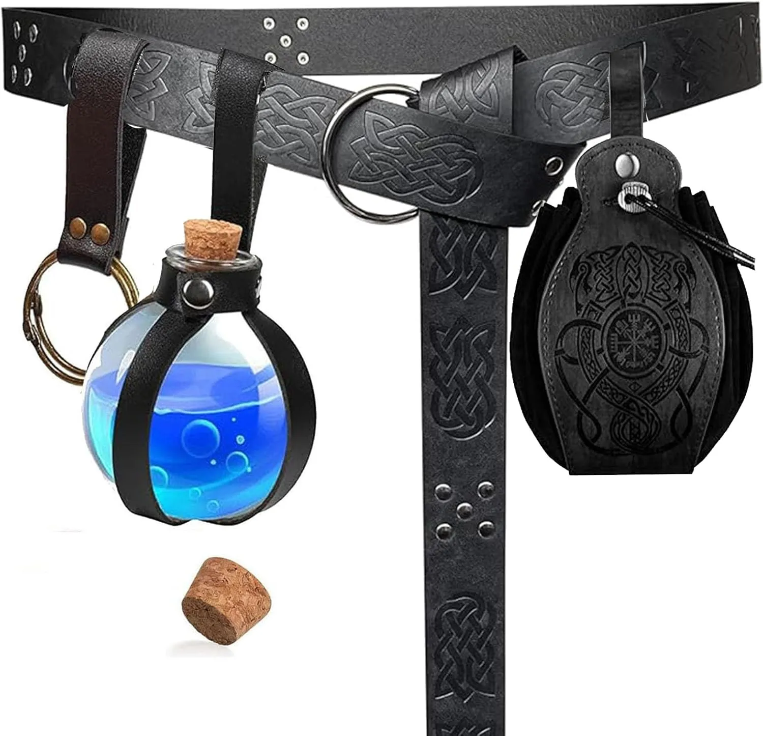 SUMGOGO 4 Pcs Halloween Renaissance Belt Pouch Witch Bottle Skirt Hikes Medieval Viking Pirate Leather Belt Costume Set