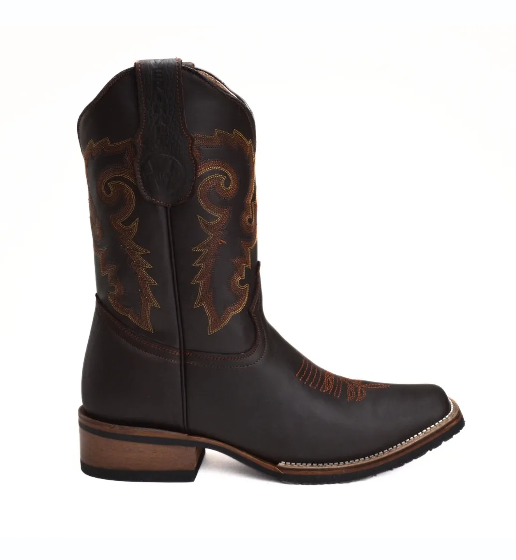 VE517 Brown Men's Western Boots: Square Toe Cowboy & Rodeo Boots in Genuine Leather