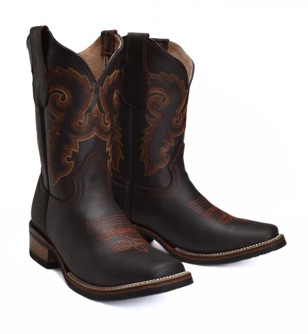 VE517 Brown Men's Western Boots: Square Toe Cowboy & Rodeo Boots in Genuine Leather