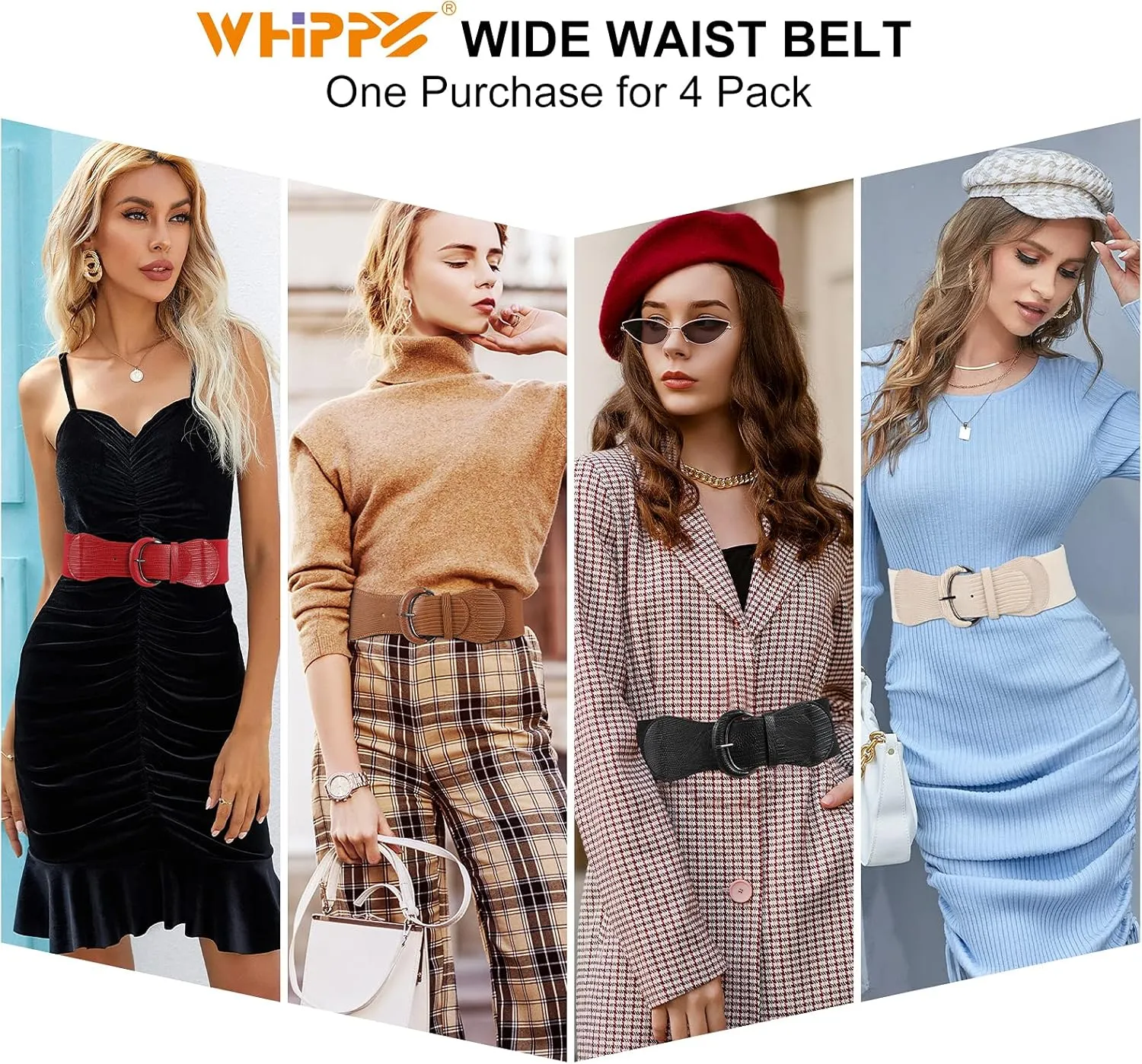 WHIPPY 3 Pack 4 Pack Women Wide Elastic Waist Belt Vintage Stretchy Belt Waistband for Ladies Dresses