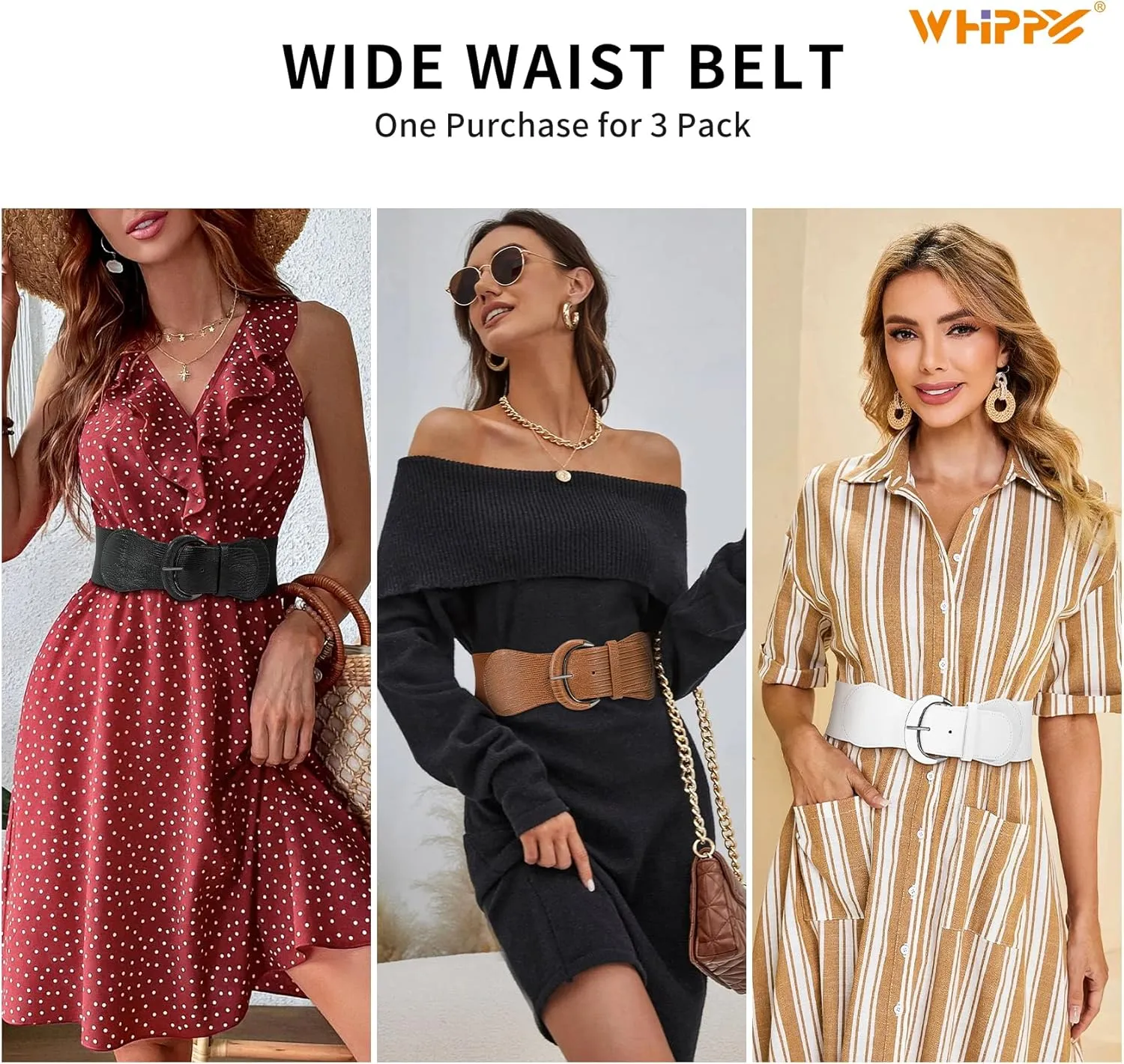 WHIPPY 3 Pack 4 Pack Women Wide Elastic Waist Belt Vintage Stretchy Belt Waistband for Ladies Dresses