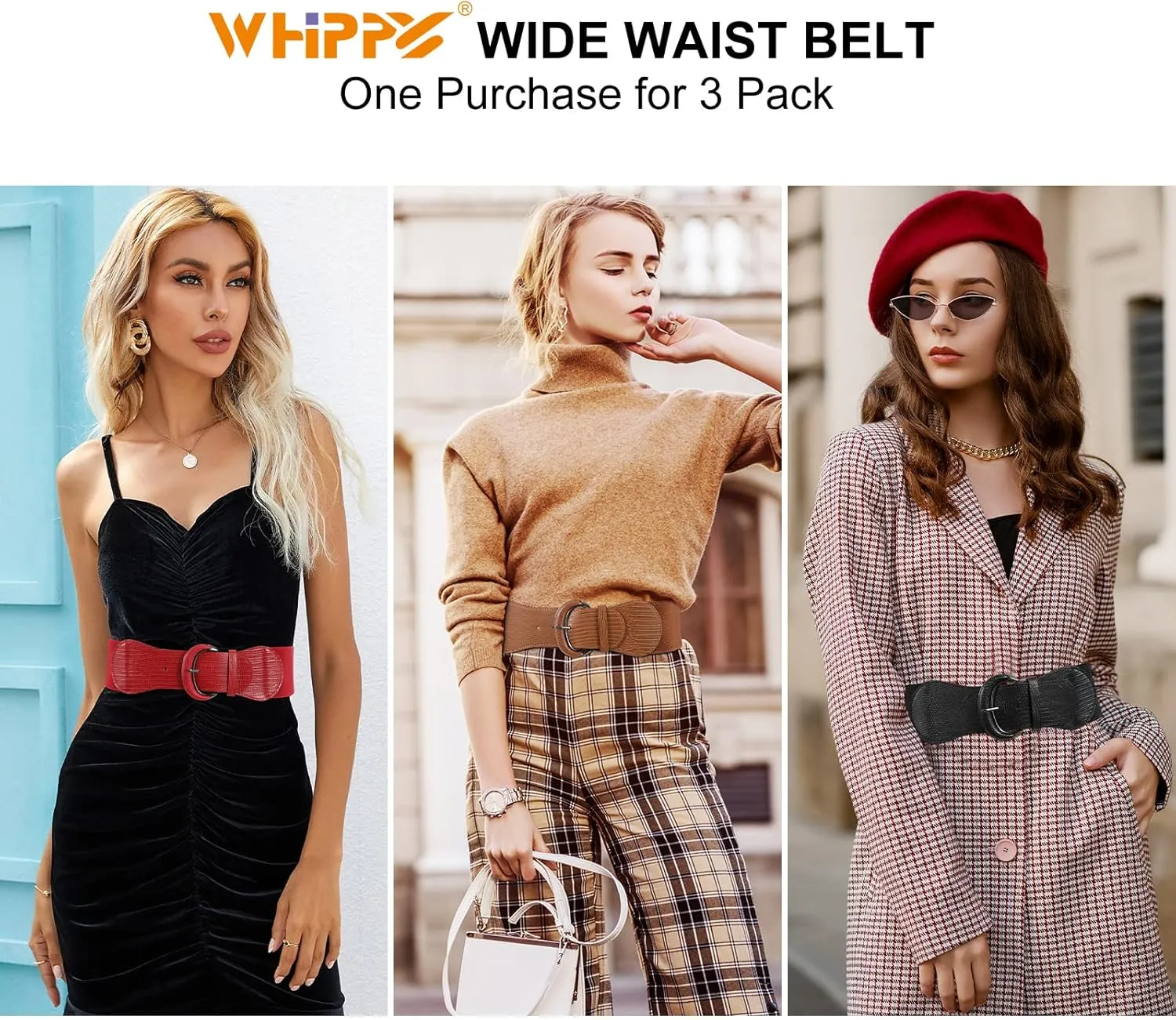 WHIPPY 3 Pack 4 Pack Women Wide Elastic Waist Belt Vintage Stretchy Belt Waistband for Ladies Dresses